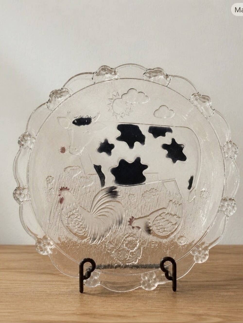 Vintage Embossed Glass Farm Plate – Cow, Rooster & Hen Design